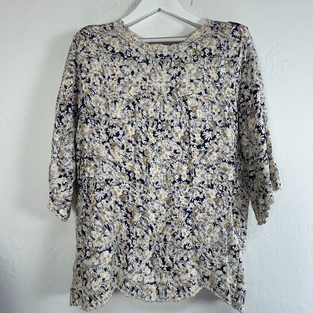 Solitaire By Ravi Khosla Womens Peasant Floral Embroidered Top XL 3/4 Sleeve New